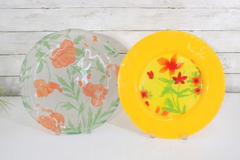 Pair Floral Glass Charger Plates  Hand Painted Style Decorative Serving Plates  13.25' & 13' Round