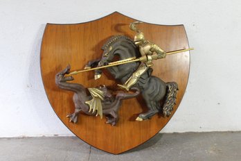 'Large 3D Wall Plaque Of St. George Slaying The Dragon  Knight And Horse Sculpture'
