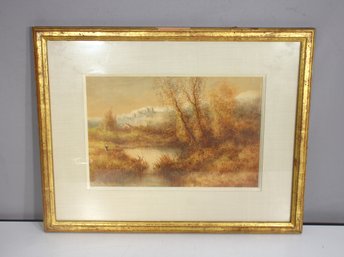 Vintage Landscape Watercolor Print - Signed, Gilt Frame (15.5' X 20')