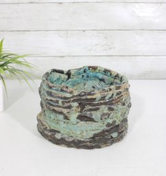 Vintage Studio Pottery Bowl Planter Signed Abstract Drip Glaze Green Brown 5'