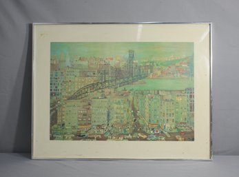 Vintage Color Print Of Cityscape In The Style Of Fasanella, Framed