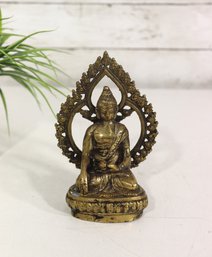 Vintage Seated Buddha Figurine W/ Ornate Halo Back  Metal  6' H
