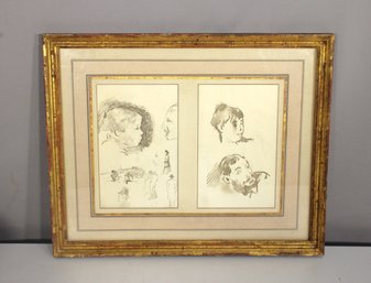 Framed Antique Sketch Study - Expressive Figure & Portrait Drawings Print  (11.5' X 14')