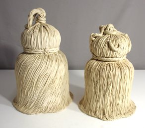 Set Of 2 Unique Ceramic Lidded Containers  Tassels Textured Signed By  Artist
