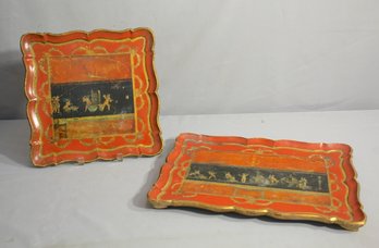 Two Vintage Italian Florentine Gilt Woodtrays With Putti Cherub Frieze