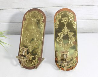 Vintage Pair Brass Wall Candle Sconces Ornate Floral Design Wood Back 11' X 4'