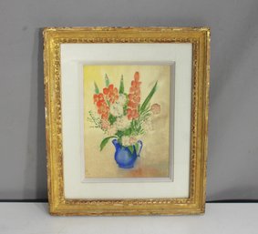 Framed Floral Watercolor Painting - Still Life Of Flowers In Blue Vase (11.5' X 9.5')