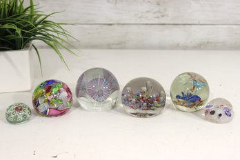 Group Of 6 Art Glass Paperweights  Millefiori, Floral & Abstract Designs  Mixed Styles