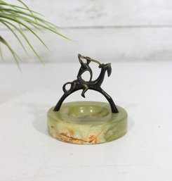 Vintage Polo Player Horse Metal Figure Onyx Marble Base Ashtray 3' Mid Century