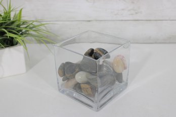 Decorative Polished River Stones In Clear Acrylic Cube Vase  Modern Table Decor  5'