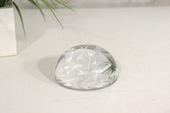 Signed Studio Art Glass Paperweight  Clear Etched Abstract Wave Design  2 H