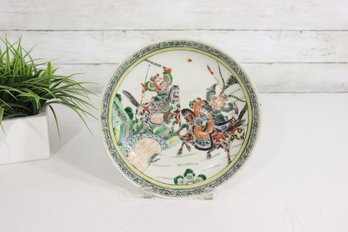 Antique Chinese Export Porcelain Plate  Figural Warrior Scene  Hand-Painted  9' Round