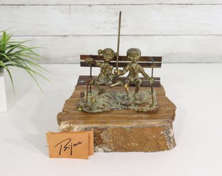 Signed Bijan Bronze & Mixed Media Sculpture  Children On Bench  With COA  9.5' H
