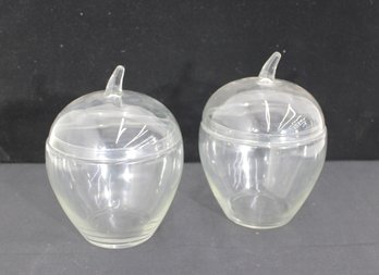 Pair Clear Glass Apple Shaped Canisters With Lids  Decorative Storage Jars  9' H