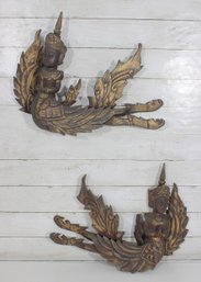 Pair Of Hand-Carved Thai Style Wooden Wall Figures  Winged Mythical Deities 18 X 14