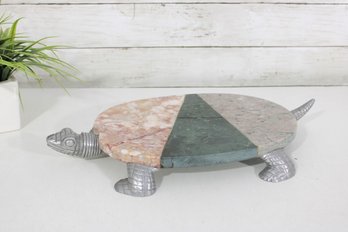 Tri-Color Marble Turtle Serving Tray / Cheese Board / Trivet With Silver Feet  14' X 9'