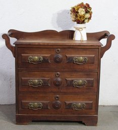 'Antique Oak Wash Stand  With Decorative Brass Handles And Side Rails'