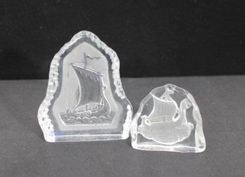 Pair Nybro Sweden Crystal Viking Ship Paperweights  Etched Glass Sailboat Figures  6' & 3.5' H
