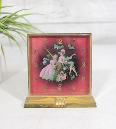 Vintage Imhof Swiss Brass Desk Clock Figural Romantic Scene Red Dial 4.5' Untested