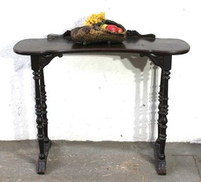 'Antique Dark Wood Console Table  Carved Spindle Legs And Curved Top'