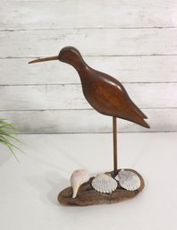 Hand-Carved Wooden Shorebird Sculpture On Driftwood Base With Seashells  Coastal Dcor  13' H