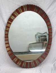 Vintage Large Resin Framed Oval Wall Mirror  Silver & Red  28.5 X 28