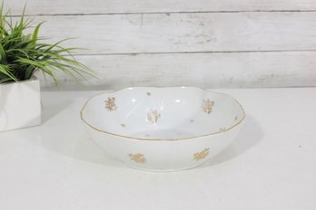 Vintage French Porcelain Serving Bowl  White With Gold Floral Pattern  Made In France