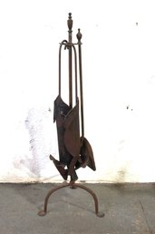 'Vintage Wrought Iron Fireplace Tool Set With Unique Mouse Figurines'