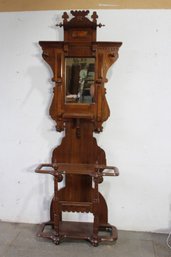 'Antique Hall Tree With Mirror And Umbrella Stand  Ornate Wooden Coat Rack'