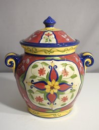 Hand-Painted Earthenware Lidded Jar  Colorful Floral Design By Pier 1 Imports