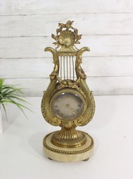 Antique French-Style Gilt Metal Lyre Mantel Clock With Marble Base  Classical Design  13' H-untested