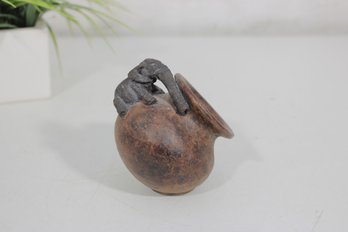 Handcrafted Studio Pottery Vase With Elephant Figure  Rustic Earth Tone Ceramic  4' H