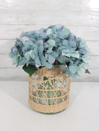 Glass Vase With Woven Rattan Cover & Faux Blue Hydrangea Arrangement  8' Tall
