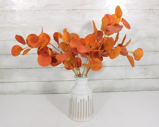 White Ceramic Decorative Vase With Faux Orange Eucalyptus Arrangement  8.5' Tall