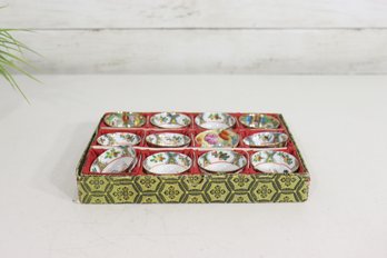 Set Of 12 Chinese Porcelain Miniature Cups / Bowls  Figural Scenes  In Fitted Box  One Cracked