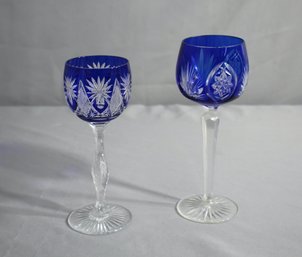 Two Vintage Bohemian Cobalt Blue Cut To Clear Wine Goblets