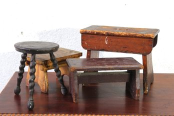 Group Lot Of Rustic Wooden Stools And Benches
