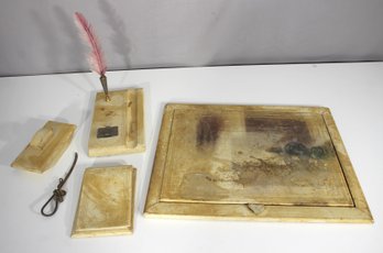 Antique Italian Faux Vellum Desk Set  6-Piece Calligraphy Writing Set W/ Quill, Signed Letter Opener