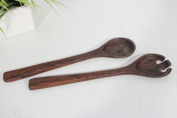 Vintage Wooden Salad Serving Set  Handcrafted Wood Spoon & Fork  12.5' Utensils