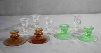Group Lot Of 8 Mismatched Colored Glass And Clear Glass Candlesticks