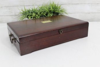 Vintage Wooden Flatware Storage Chest  Brass Accents & Monogram Plate  18' X 12'