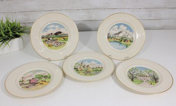 Set Of 5 Vintage American Scene Plates By Albert Dodd  B. Altman & Co  10' Gold Rim China