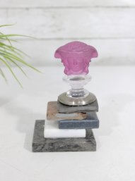 Versace Medusa Style Glass Stopper Sculpture  Marble & Metal Base  Handmade Art Piece  5.5'