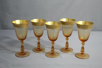 Group Lot Of 5 Vintage Amber Optic Glass Gold Embellished Wine Goblets