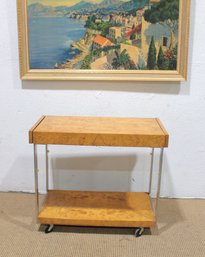 Milo Baughman Style Mid-Century Modern Burl Wood And Chrome Bar Cart