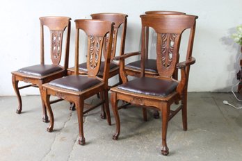 Set Of 5 Carved Wood Dining Chairs With Upholstered Seats