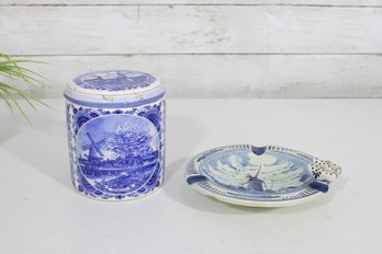 Vintage Delft Blue Pottery Jar & Ashtray Set  Hand Painted Holland Windmill Decor