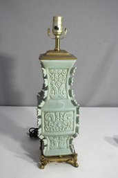 Vintage Celadon Glazed Ceramic Table Lamp With Ornate Brass Accents