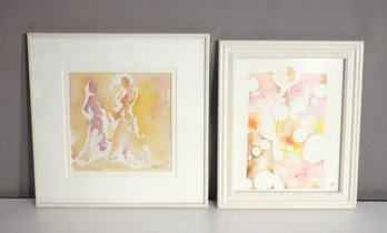 Set Of Two Abstract Watercolor Paintings  Framed Contemporary Art (12' X 12' & 12' X 10')