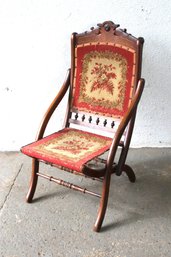 Victorian Upholstered Folding Rocker Chair With Floral Needlepoint